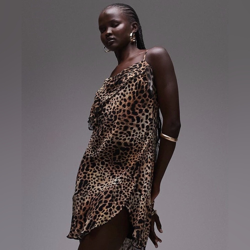 Topshop Leopard Print Draped Chiffon Minidress (Size 2)